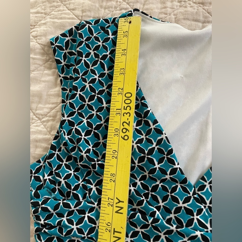 Ann Taylor Black Label Dress Geometric Print Faux Wrap Sz 8 Sleeveless Teal - Picture 10 of 10